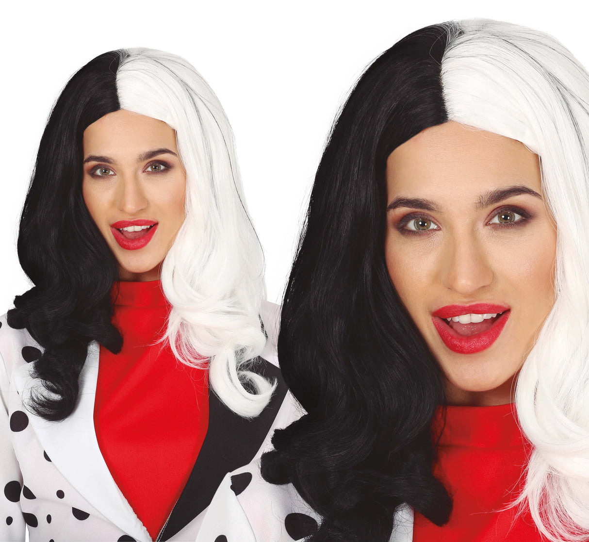 Long black and white synthetic hair wig for women, perfect Halloween costume accessory.
