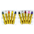 The image shows a set of five colorful wax crayons, each with a different color, arranged in a row.