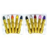 The image shows a set of five colorful wax crayons, each with a different color, arranged in a row.