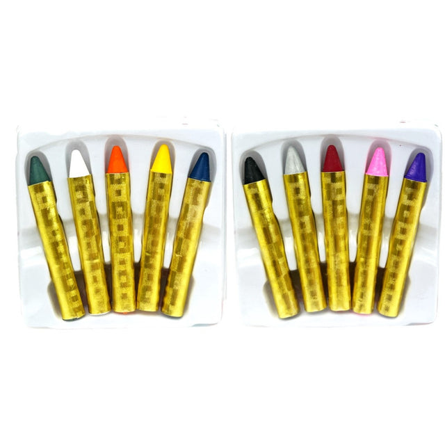 The image shows a set of five colorful wax crayons, each with a different color, arranged in a row.