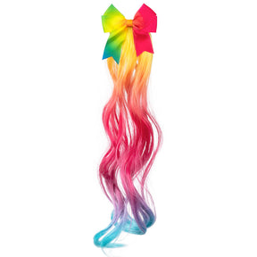 Rainbow hair extension with metal clip and bow, multicolor synthetic hairpiece for women, unicorn wig accessory for adults.