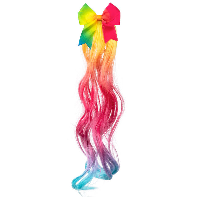 Rainbow hair extension with metal clip and bow, multicolor synthetic hairpiece for women, unicorn wig accessory for adults.