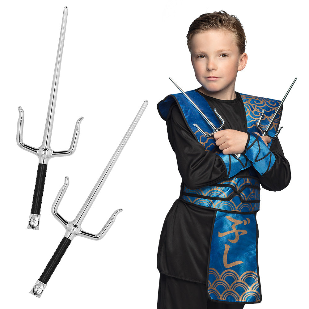 Set of two 30 cm ninja sai weapons made of durable polypropylene, suitable for adults and children, ideal for martial arts training.