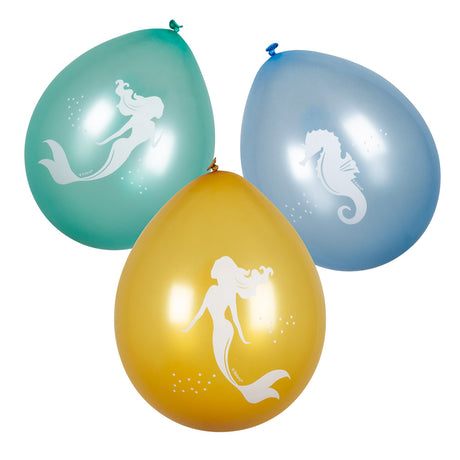 Set of 6 mermaid-themed latex balloons in three double-sided colors, 25 cm diameter, perfect for party decorations.
