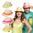 Neon Maui hat for adults made of straw and polyester, available in four bright colors, perfect for Hawaiian themed parties.