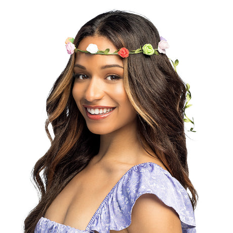 Colorful women's festival headband inspired by 60s and 70s hippie and Hawaii styles, made of iron, paper, and polyester, suitable for adults.
