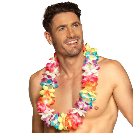 Hawaiian LED summer necklace for adults with flashing lights, made of polyester and polyethylene, ideal for parties and festive events.
