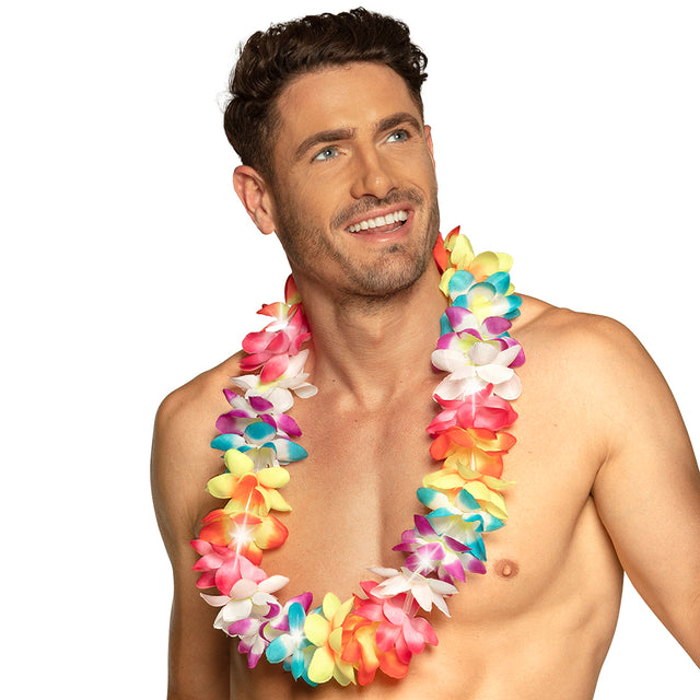 Hawaiian LED summer necklace for adults with flashing lights, made of polyester and polyethylene, ideal for parties and festive events.
