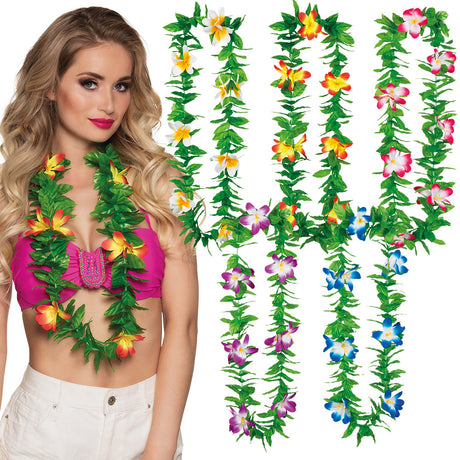 Hawaiian Lulani necklace assortment for adults, made of polyester and polyethylene, displayed on a hanging card, suitable for men and women.