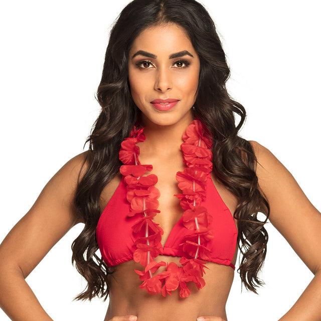 Red Hawaiian Ohana necklace for adults, made of polyester and polypropylene, unisex accessory displayed on hanging card, ideal for tropical themed parties.