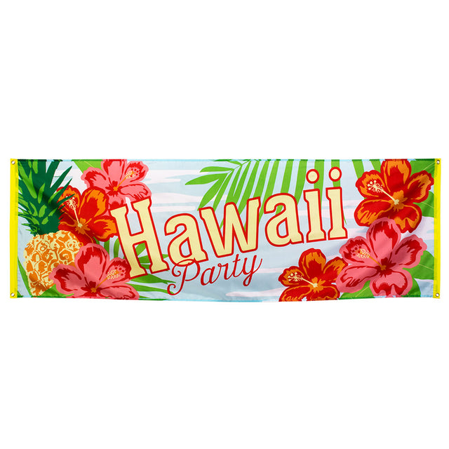 Polyester Hawaii party banner measuring 74 x 220 cm, vibrant decorative sign for tropical themed events and summer parties.