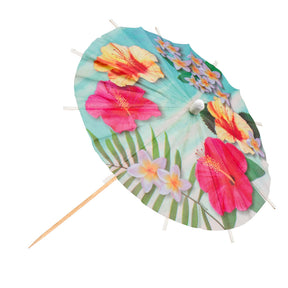 Set of 6 colorful cocktail umbrellas Paradise design, 18 cm diameter, made of wood and paper, perfect for tropical Hawaii-themed drinks and party decorations.