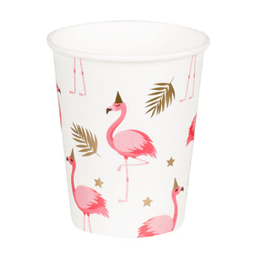 Set of 10 paper cups with pink flamingo design, 25 cl capacity, perfect for tropical or Hawaii-themed parties.