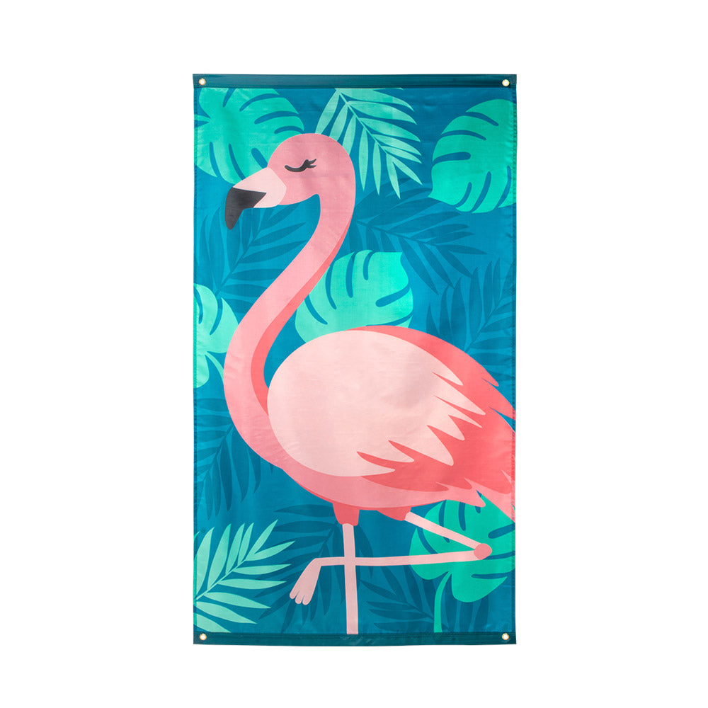 Polyester flamingo flag measuring 90 x 150 cm, featuring a vibrant pink flamingo design, ideal for tropical or Hawaii-themed decor.