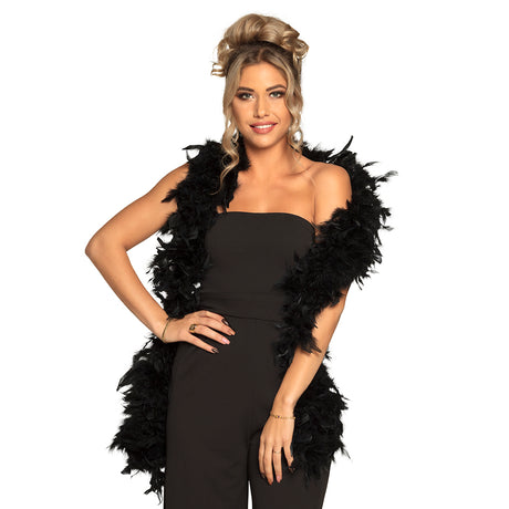 Black feather boa 180 cm long made from 98% turkey feathers and 2% cotton, ideal costume accessory for adults.
