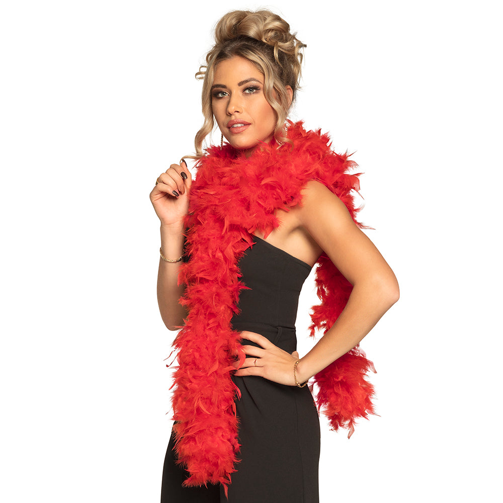 Red feather boa 180 cm long made from 85% turkey feathers and 15% cotton, ideal costume accessory for adults, displayed on hanging card.