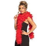 Red feather boa 180 cm long made from 85% turkey feathers and 15% cotton, ideal costume accessory for adults, displayed on hanging card.