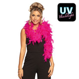Fluorescent pink feather boa 80g, 180cm long, made of turkey feathers and cotton, ideal costume accessory for adults.