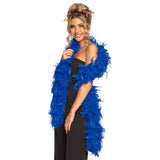 Blue feather boa 180 cm long made from 85% turkey feathers and 15% cotton, ideal costume accessory for adults, displayed on hanging card.