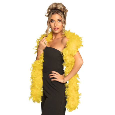 Yellow feather boa 80g, 180cm long, made of turkey feathers and cotton, adult costume accessory for men and women.