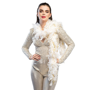 White and gold glamour feather boa, 180 cm long, made from cock feathers and cotton, ideal costume accessory for adults.