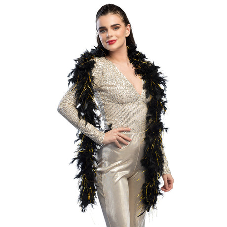 Black and gold glamour feather boa, 180 cm long, made from turkey feathers, ideal costume accessory for adults.
