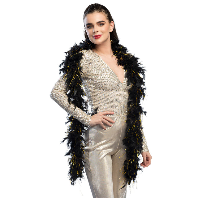 Black and gold glamour feather boa, 180 cm long, made from turkey feathers, ideal costume accessory for adults.