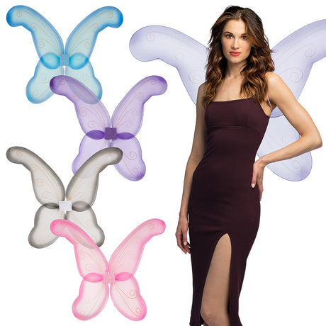 Children's fairy tale costume wings in four assorted colors, sized 80 x 76 cm, made of polyester, iron, and latex, perfect for girls' dress-up and imaginative play.