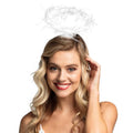 White halo tiara for women made of polystyrene, iron, cotton, and turkey feathers, ideal for religious costumes or angel outfits.