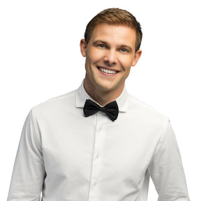 Black basic bow tie for men made of 100% polyester, displayed on a hanging card, ideal formal accessory for adults.
