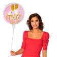 Round aluminum balloon with "Hello girl!" text, double-sided design, 45 cm diameter, suitable for helium, ideal for baby celebrations and gender reveal parties.