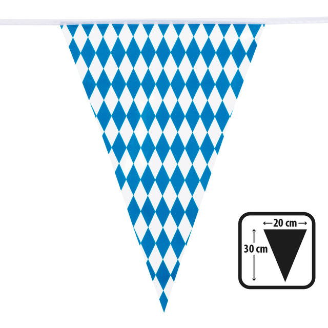 Bavarian flag bunting made of 100% polyester with 20 blue and white pennants, each 30 x 20 cm, on a 10 meter string, ideal for Oktoberfest and party decorations.