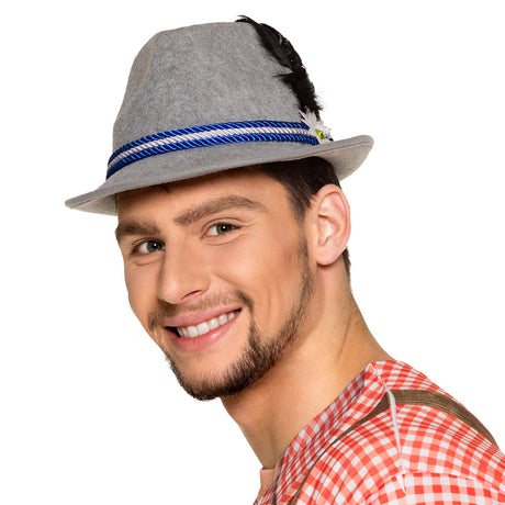 Blue beer festival hat for men made of polyester and cock feathers, adult size, ideal party accessory.