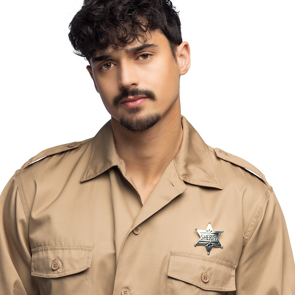 Metal sheriff badge for adults, 100% iron, Western jewelry accessory, packaged in blister pack.