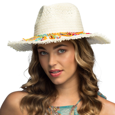 Bohemian hat made of natural straw and polyester, unisex adult accessory inspired by 60s and 70s hippie style.