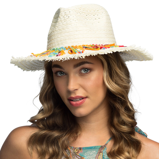 Bohemian hat made of natural straw and polyester, unisex adult accessory inspired by 60s and 70s hippie style.