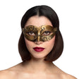 Steampunk Gearpunk mask for women, adult size, made of polystyrene, polyethylene, polyester, and aluminum, displayed on card packaging.
