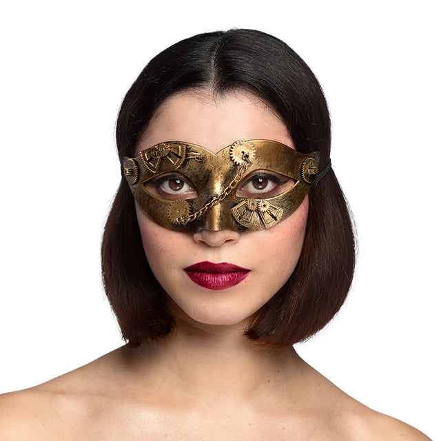 Steampunk Gearpunk mask for women, adult size, made of polystyrene, polyethylene, polyester, and aluminum, displayed on card packaging.