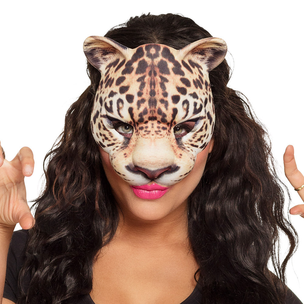 Leopard print EVA half mask for adults and children, animal safari costume accessory made from EVA, polyester, and elastane.