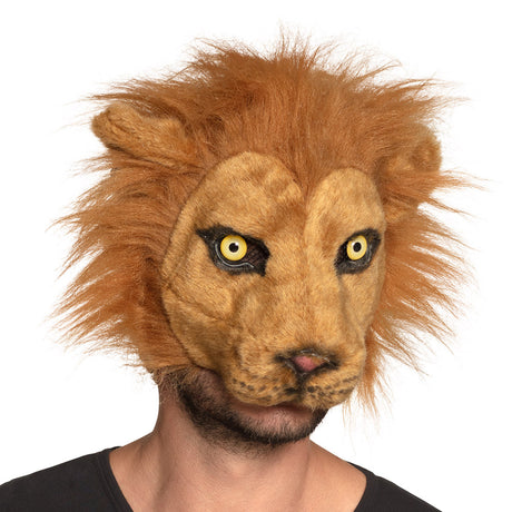 Plush lion half mask for adults, safari costume accessory made of polystyrene and polyester, displayed on hanging card.