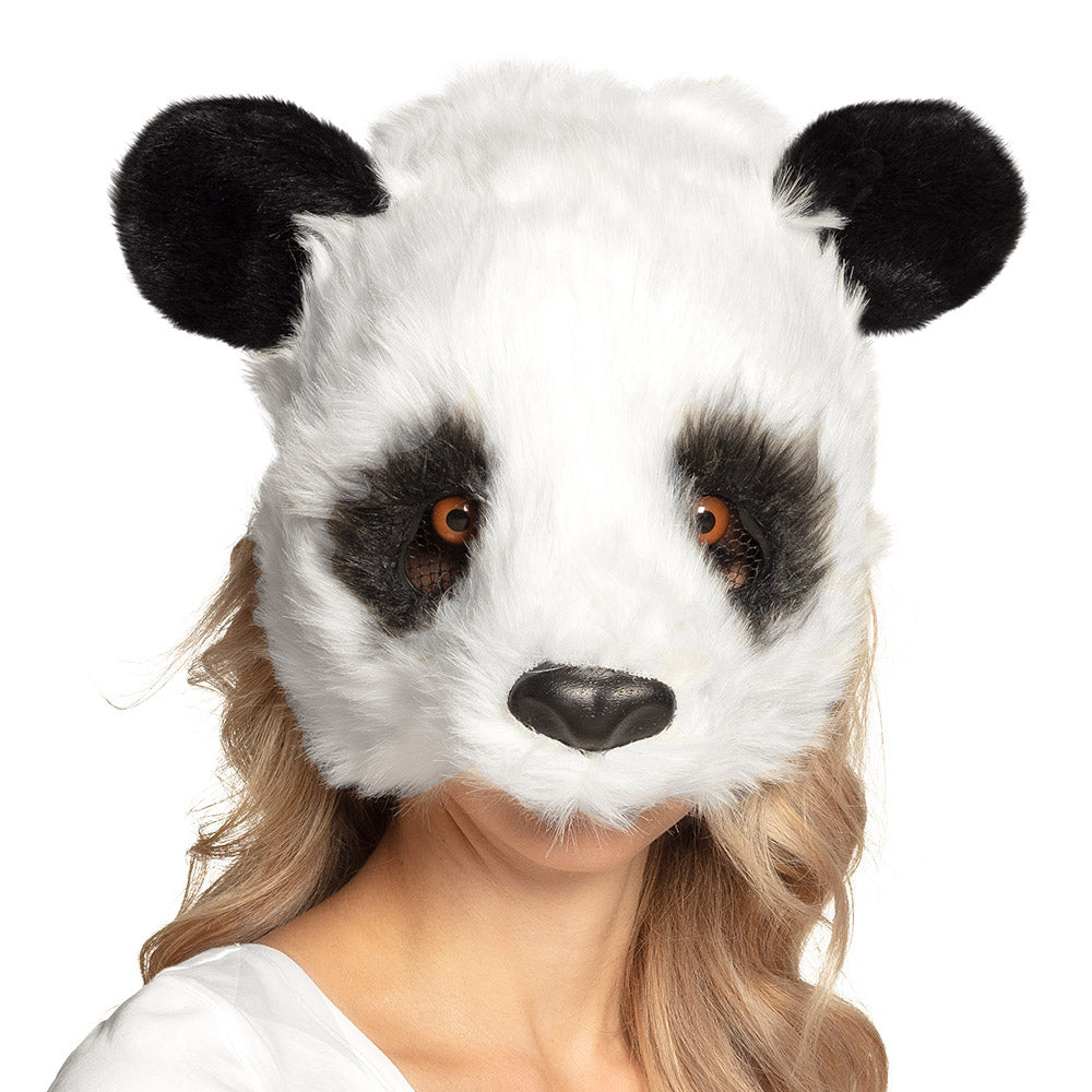 Plush panda half mask for adults, soft costume accessory made of polystyrene and polyester, ideal for men and women, displayed on hanging card.