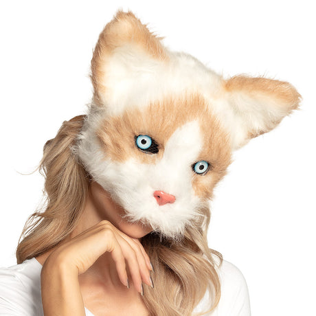 Plush cat half mask for adults, soft costume accessory made of polystyrene and polyester, ideal for men and women.