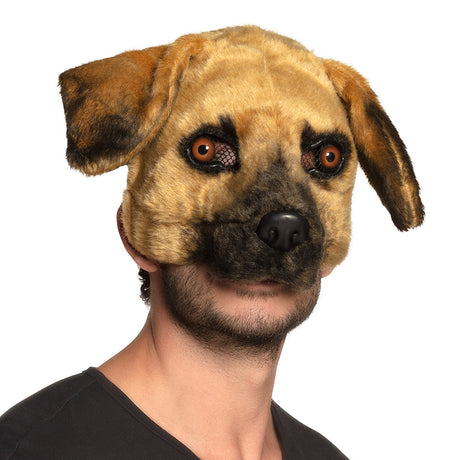 Plush dog half mask for adults, soft and comfortable costume accessory made from polystyrene and polyester, ideal for men and women.