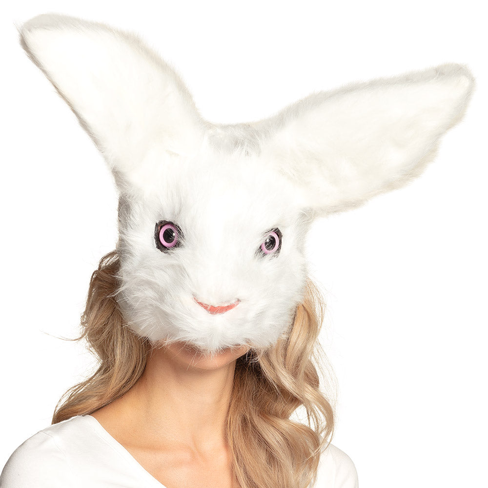 Plush rabbit half mask for adults, soft costume accessory made of polystyrene and polyester, ideal for men and women, displayed on hanging card.