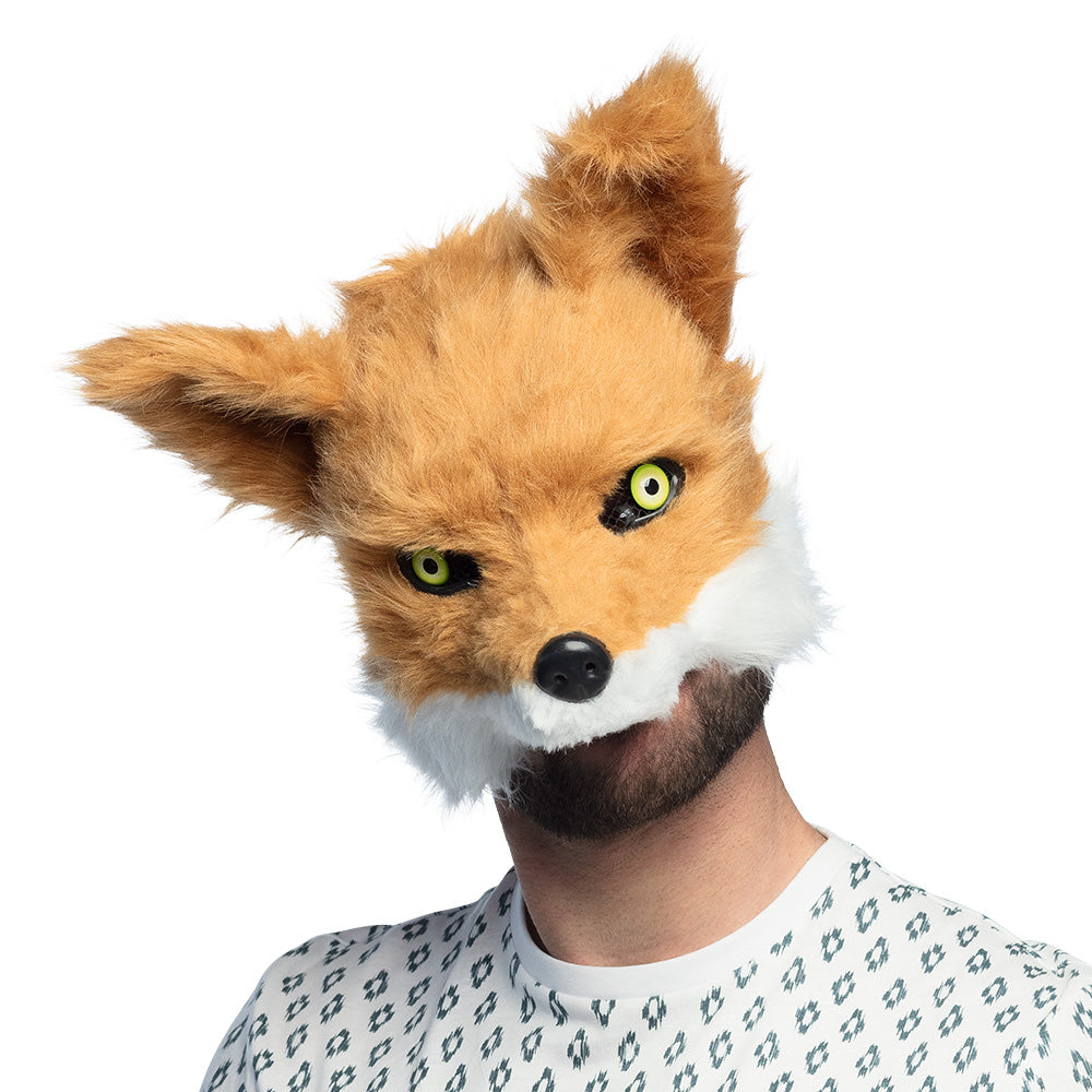 Plush fox half mask for adults, made from polystyrene and polyester, displayed on hanging card packaging, ideal for costume parties and masquerade events.