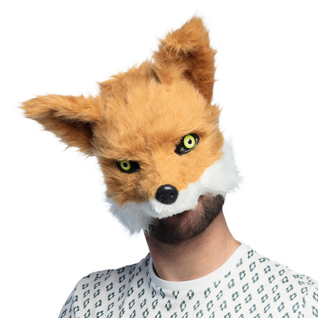 Plush fox half mask for adults, made from polystyrene and polyester, displayed on hanging card packaging, ideal for costume parties and masquerade events.