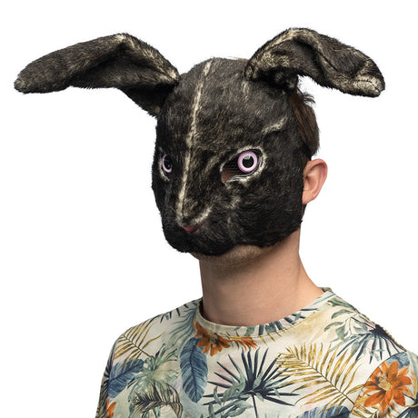 Black rabbit plush half mask for adults, soft polyester costume accessory for men and women, ideal for parties and cosplay.