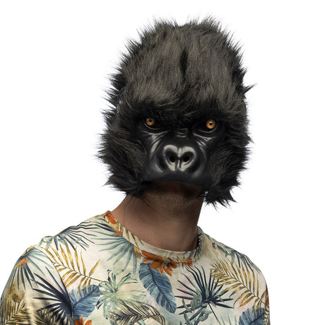 Plush gorilla half mask for adults, made of polyester and polystyrene, displayed on hanging card, perfect for costume parties and events.