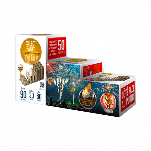 Batterie de feu d'artifice Select Party French Riviera à 4 modules en forme d'escaliers, 11 effets multicolores (sifflets, détonations) pour un spectacle pyrotechnique lumineux et sonore en éventail