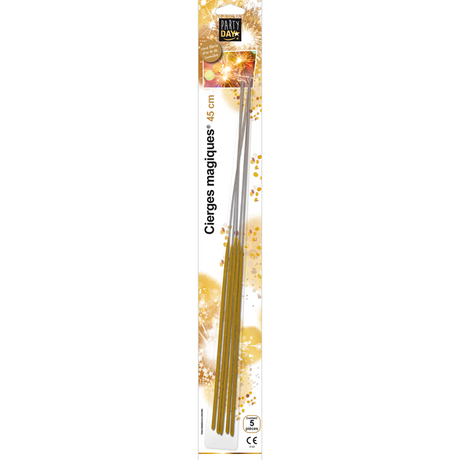 Pack of 5 XL 45cm golden handheld sparklers (cierges magiques) producing bright gold spark effects, ideal for weddings, birthday parties and celebrations
